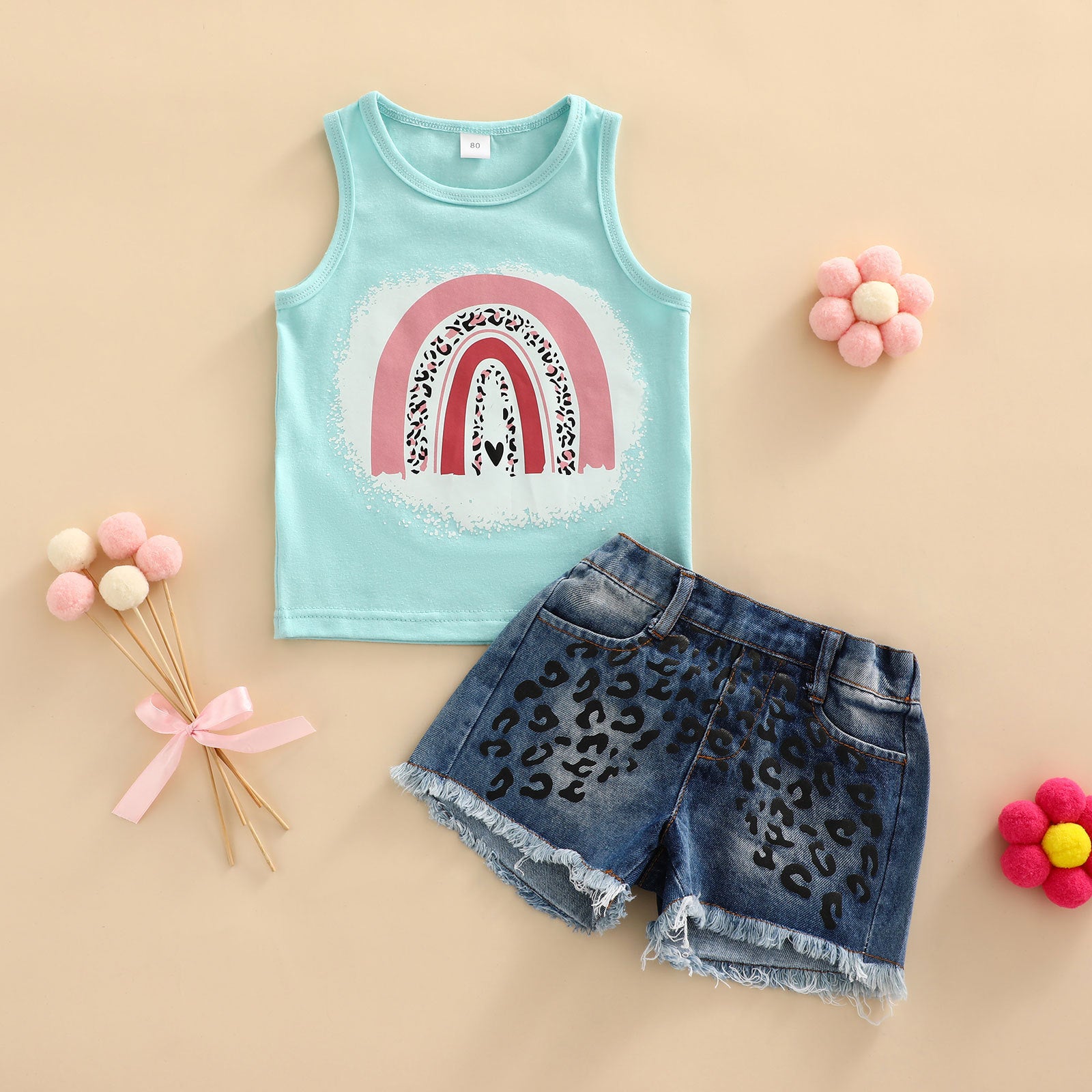 Wholesale Cotton Rainbow Butterfly Print Tank Top Denim Shorts Girls Set